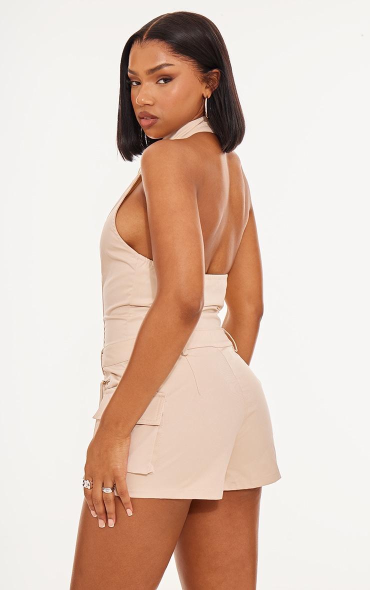 Cream Cargo Pocket Detail Halter Neck Romper Product Image