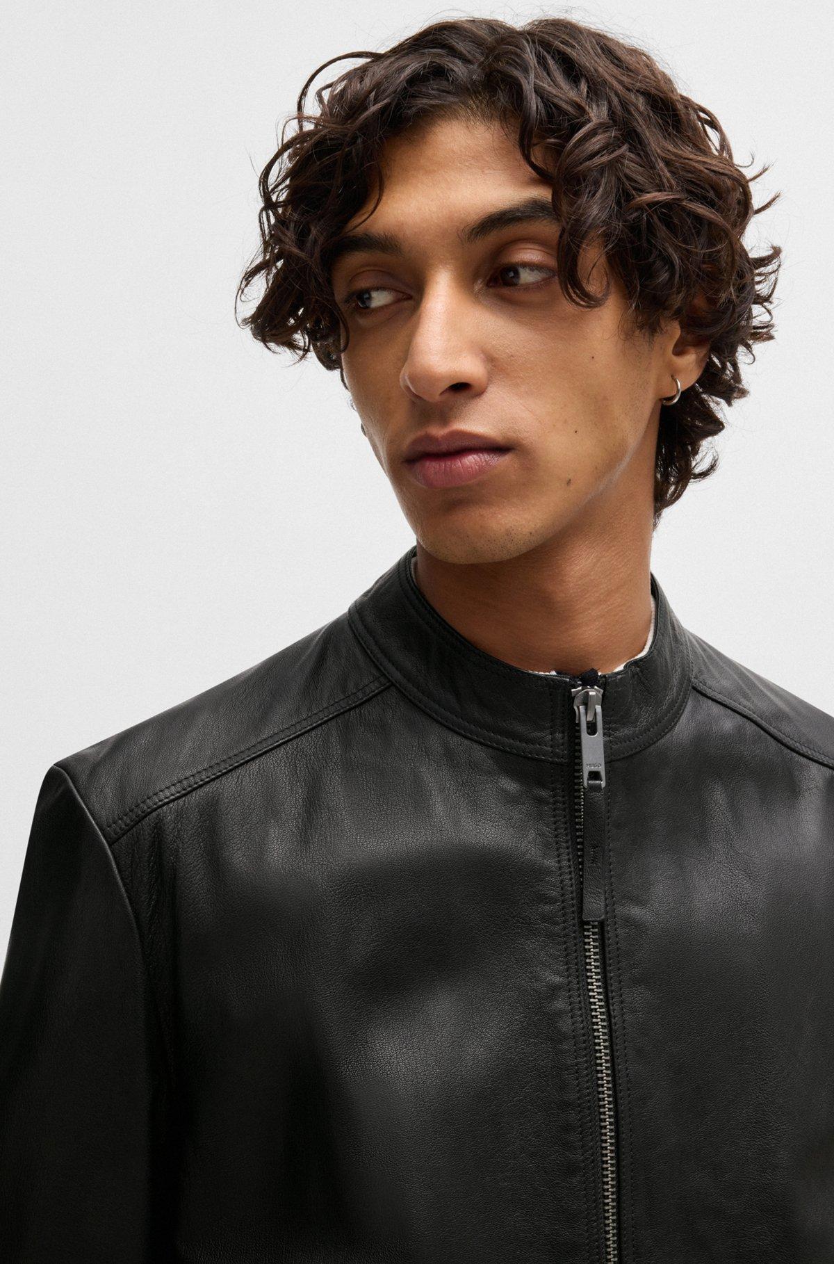 Slim-fit jacket in leather with stand collar Product Image