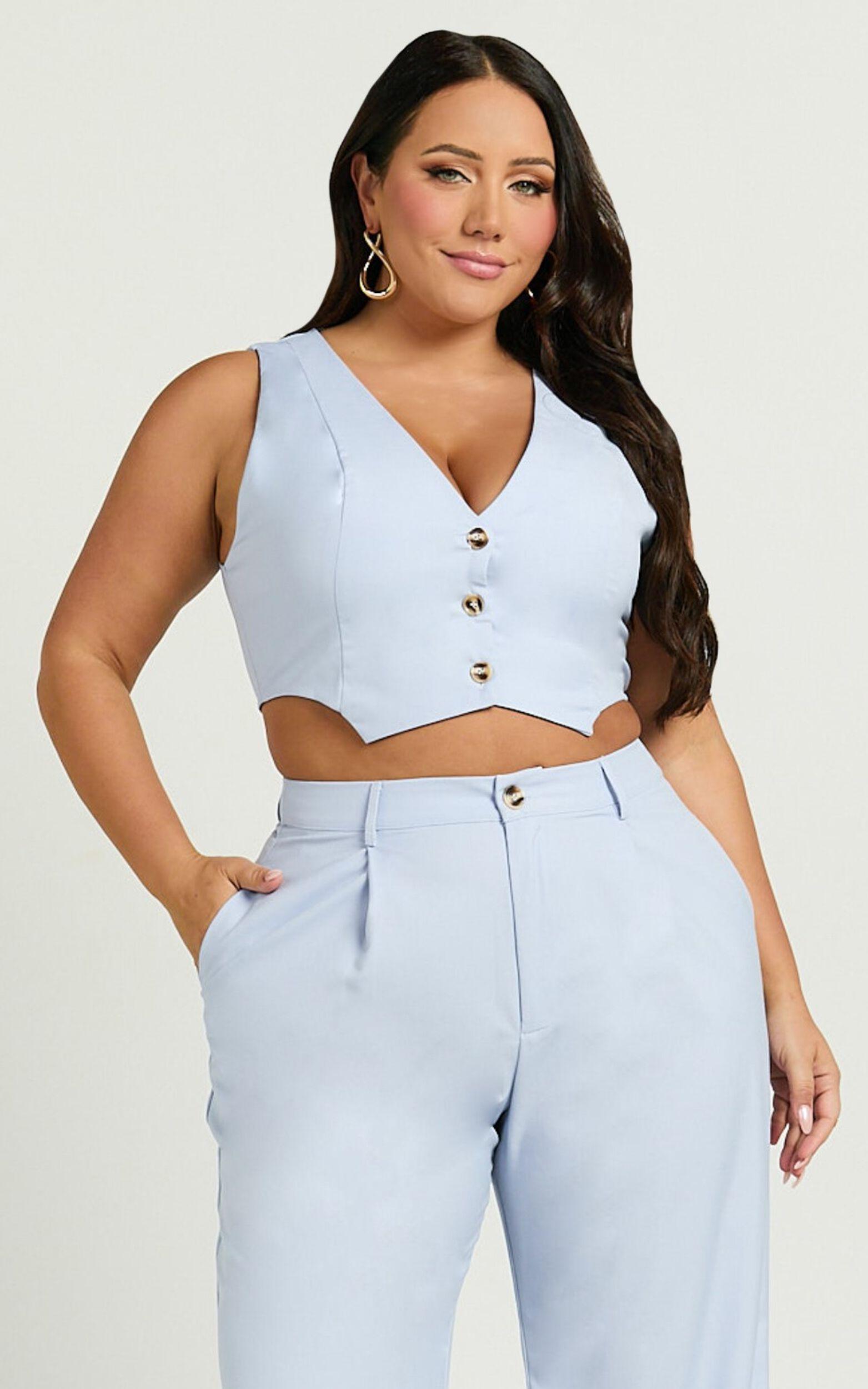 Izara Vest - V Neck Button Up Cropped Vest in Light Blue Product Image