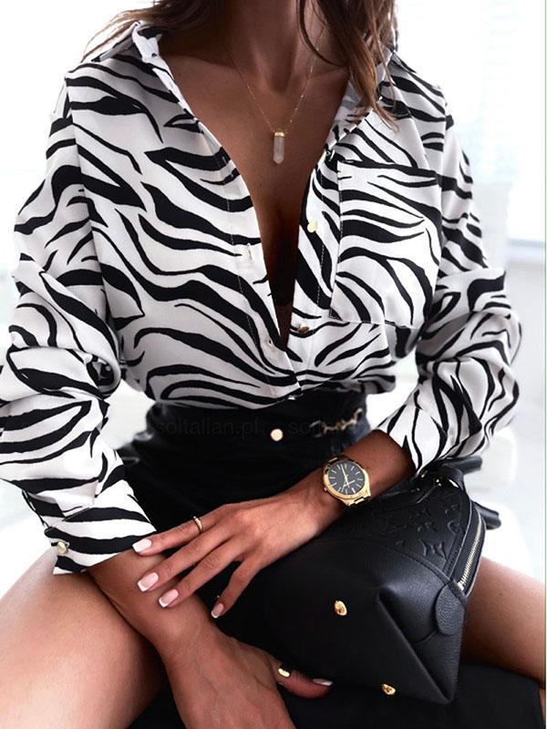 Long Sleeves Loose Printed Lapel Blouses Product Image