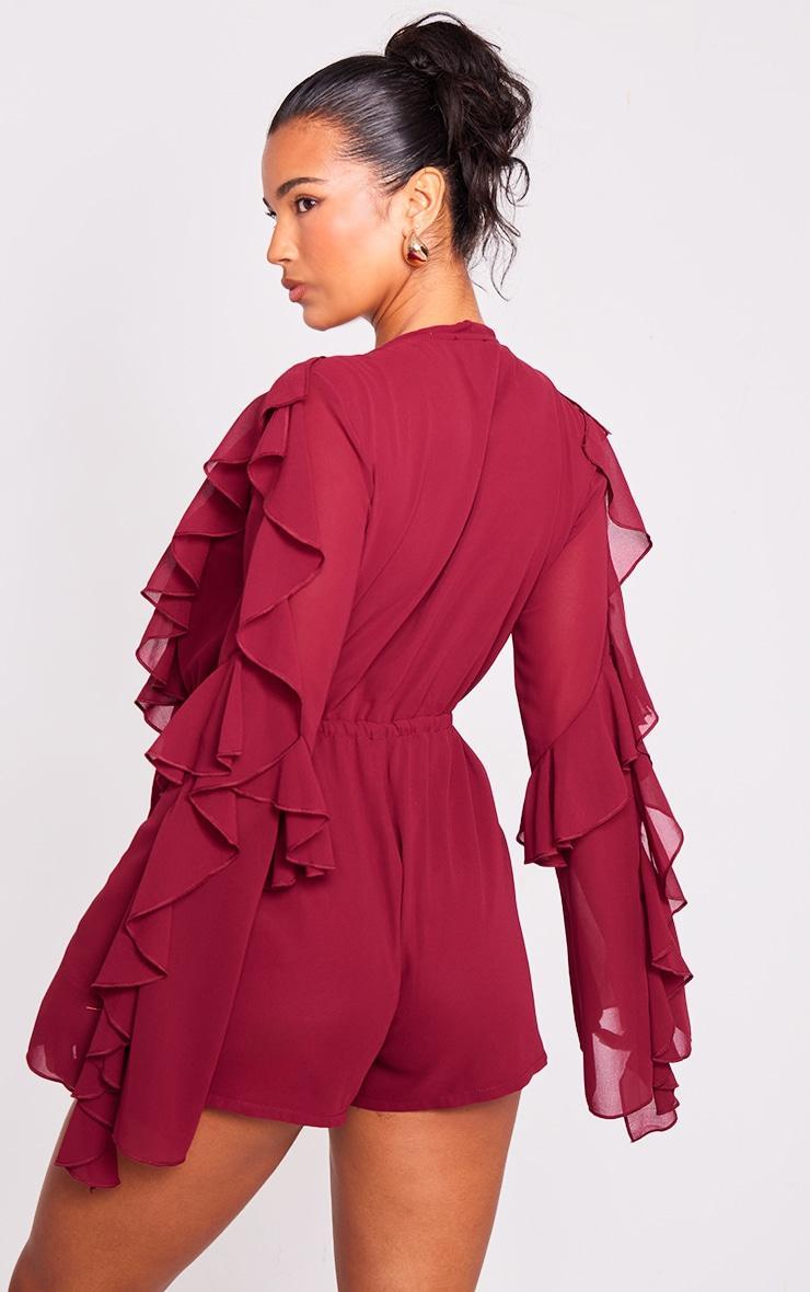 Burgundy Ruffle Detail Long Sleeve Plunge Romper Product Image