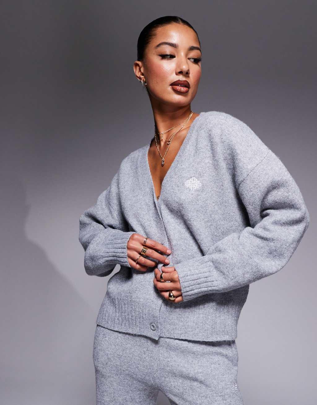 The Couture Club fluffy knit emblem cardigan in gray heather - part of a set Product Image