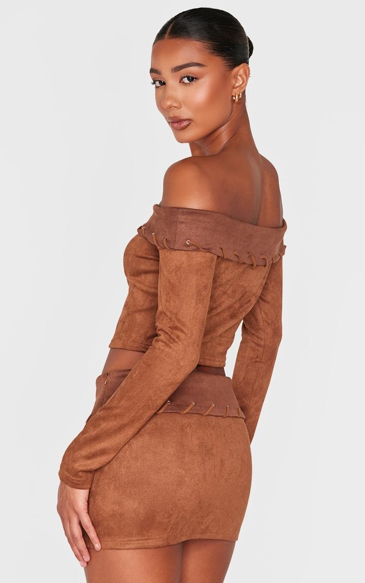 Brown Faux Suede Contrast Foldover Stitch Detail Bardot Top Product Image