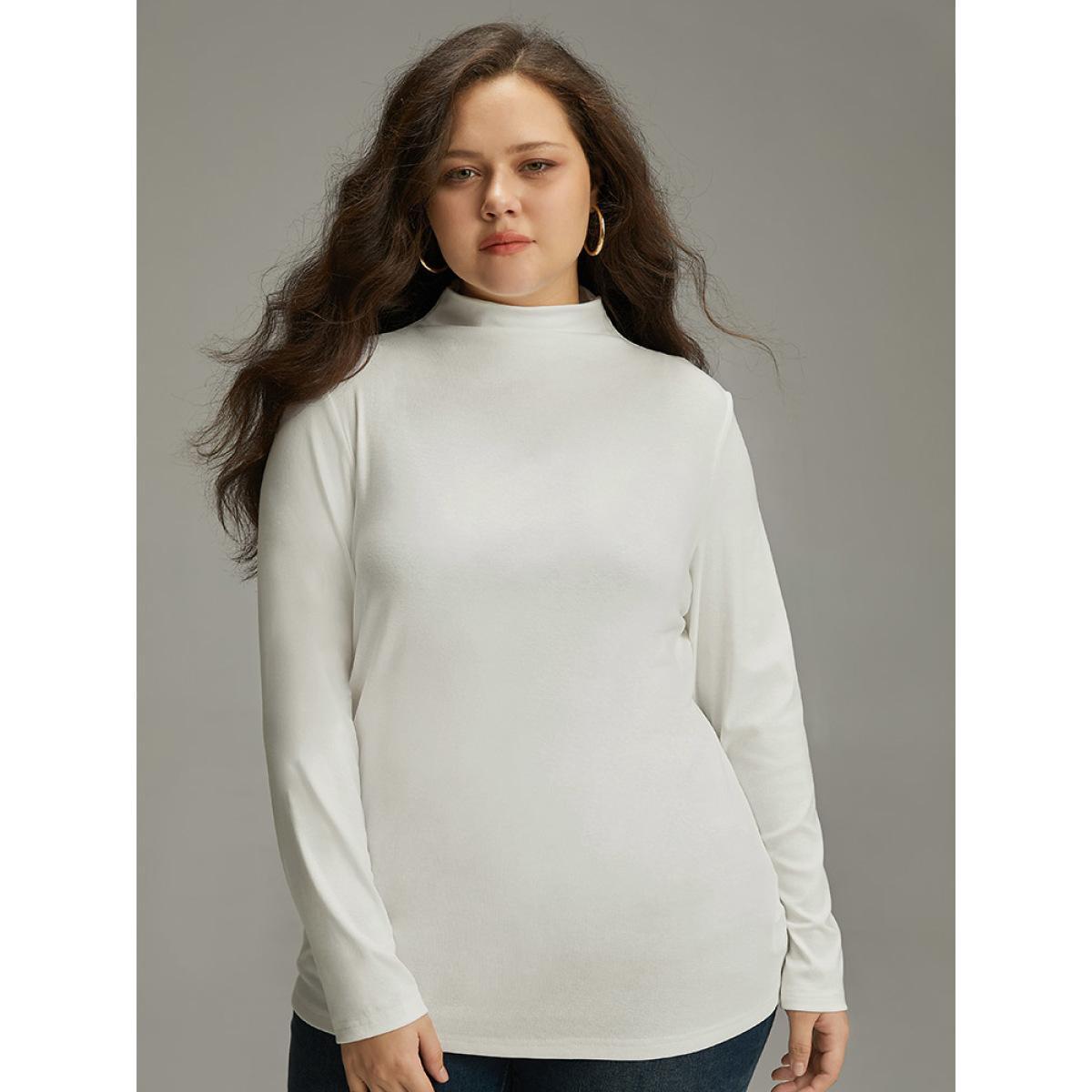 Plus Size Cotton Solid Mock Neck T-shirt White Women Casual Plain Plain Mock Neck Dailywear T-shirts BloomChic 12/L Product Image