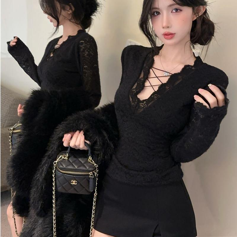 Long Sleeve V-Neck Plain Lace Up Lace Top Product Image