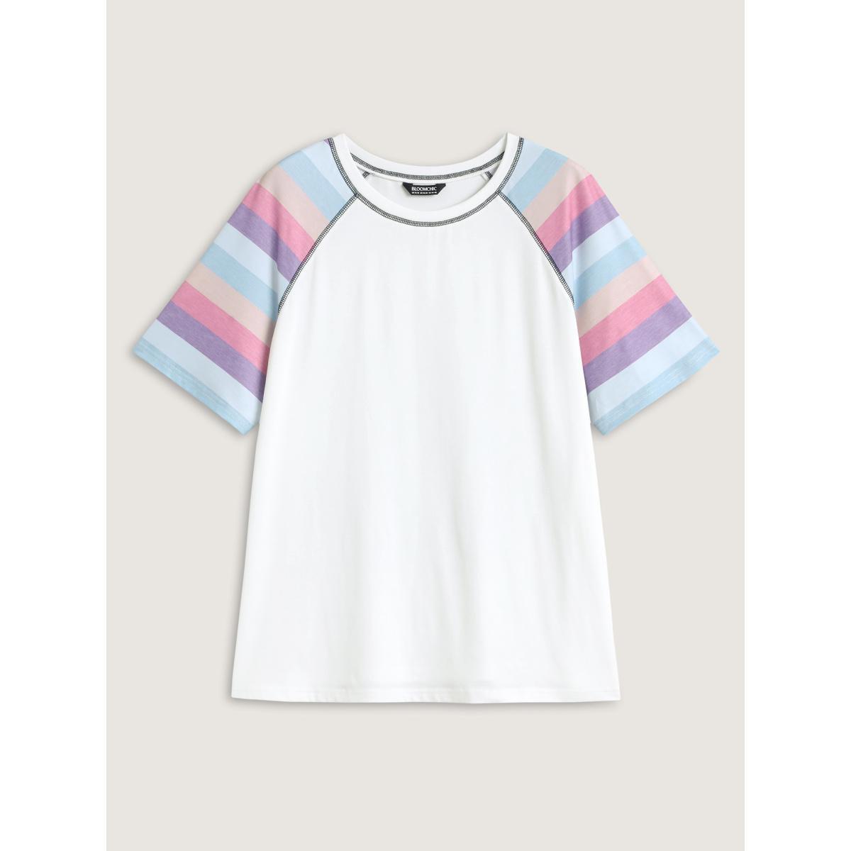 Plus Size Colorful Stripes Raglan Sleeve T-Shirt Originalwhite Women Leisure Topstitching Round Neck Casual T-shirts BloomChic 14-16/1X Product Image