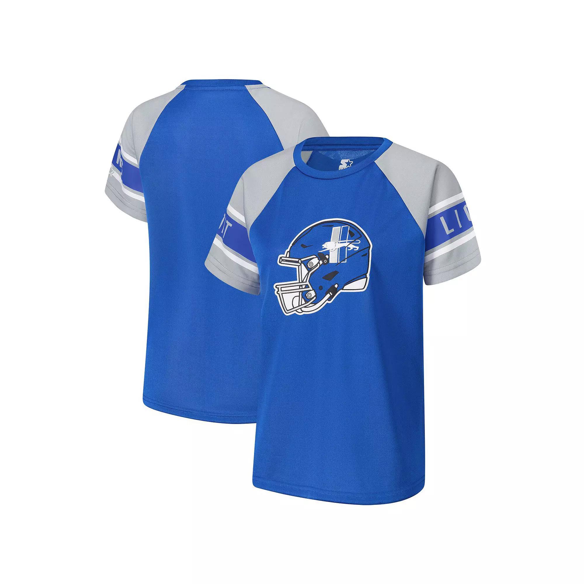 Women's Starter Blue Detroit Lions 1st Rounder Color Block Raglan Top,  Product Image