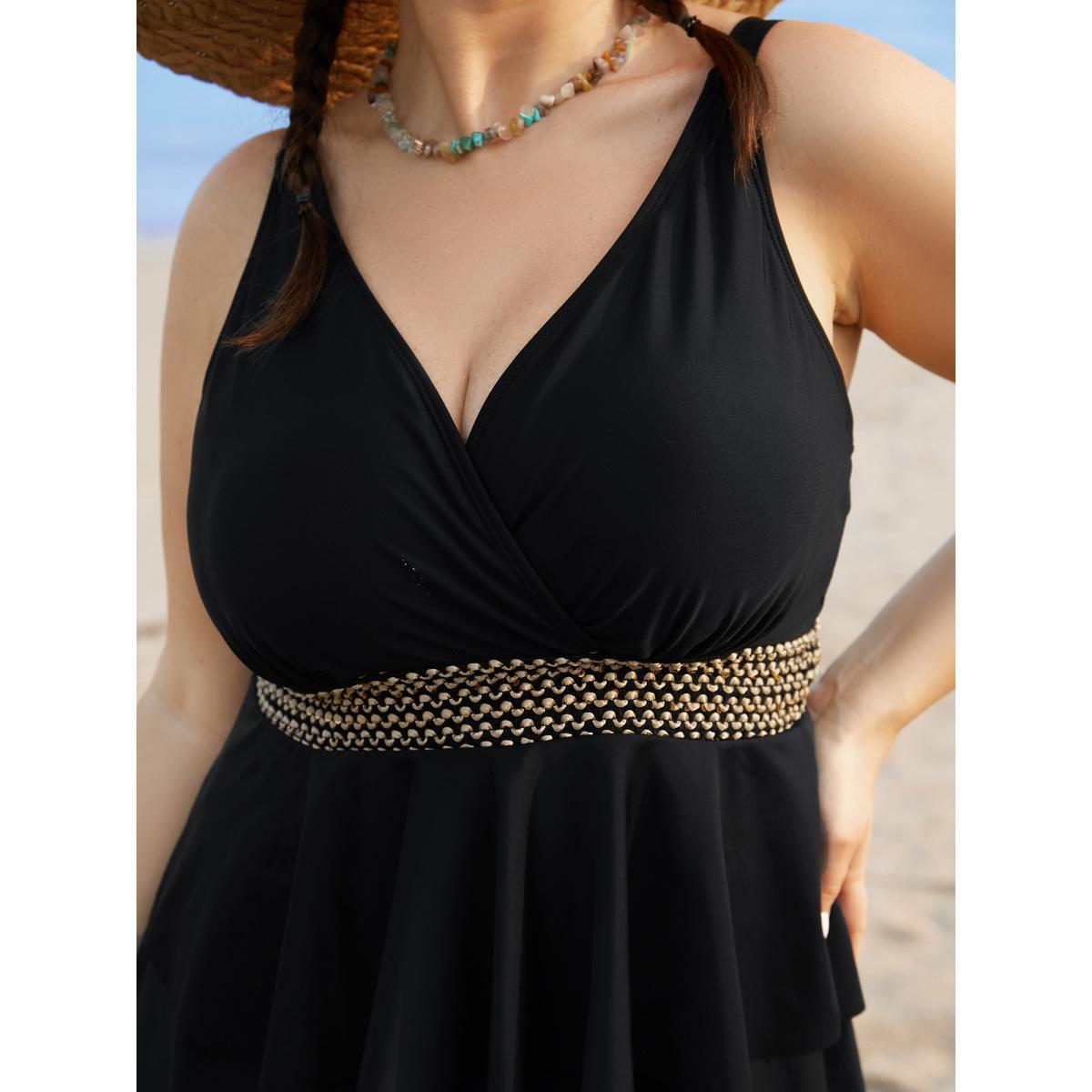 Plus Size V Neck Tiered Ruffles Contrast Webbing Swim Top Women's Swimwear Black Beach Patchwork High stretch Bodycon Overlap Collar Curve Swim Tops BloomChic 22-24/3X Product Image