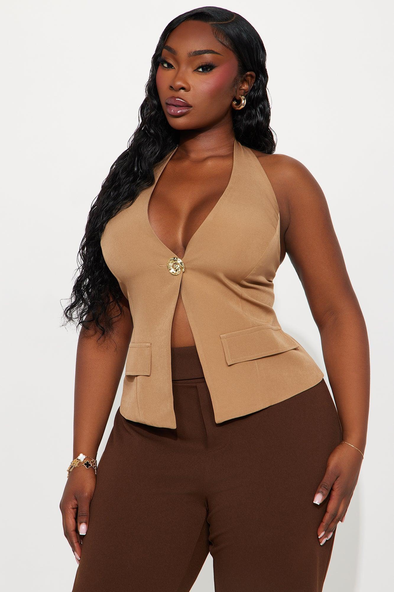 Get In Line Hardware Buttoned Vest - Tan Female Product Image