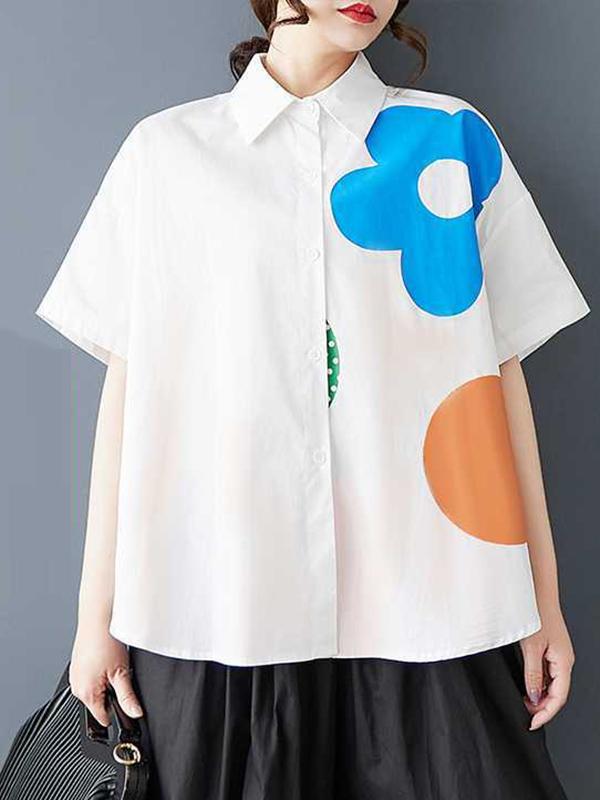 Loose Short Sleeves Buttoned Flower Print Lapel Blouses&Shirts Tops Product Image