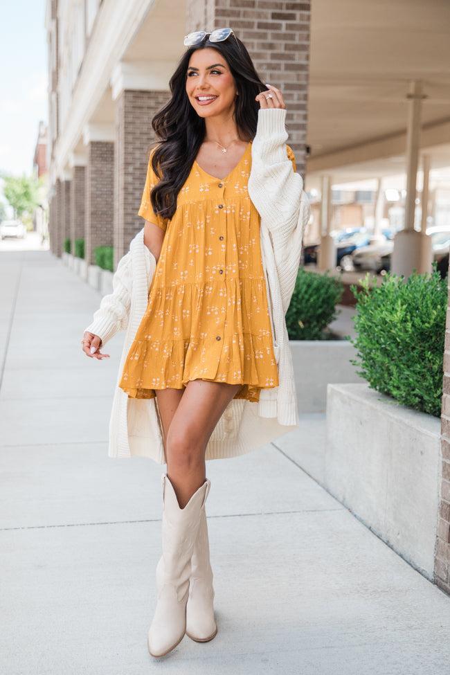 Modern Muse Mustard Floral Print Button Up Dress FINAL SALE Product Image