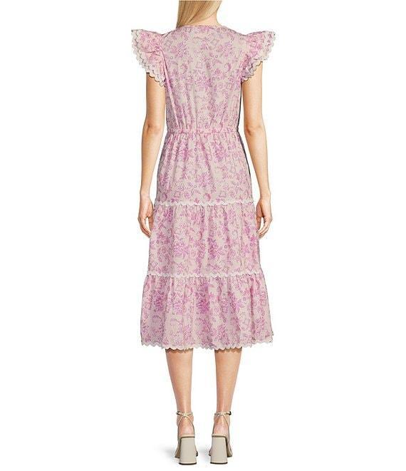 SAIL to SABLE Woven Baroque Floral Split Neck Flutter Sleeve Ric Rac Tiered Midi Dress Product Image