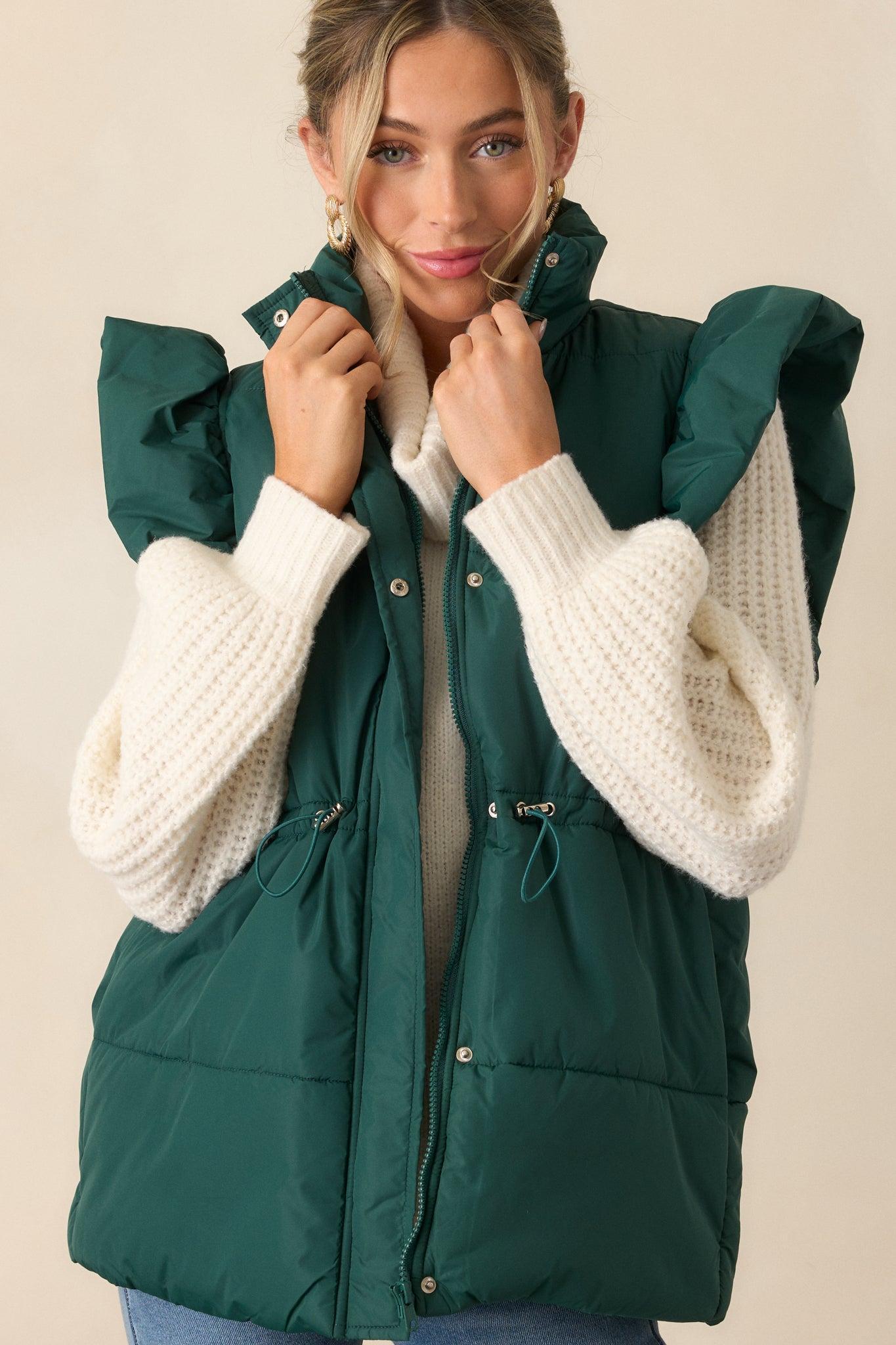 Cherry On Top Forest Green Flutter Sleeve Puffer Vest Product Image