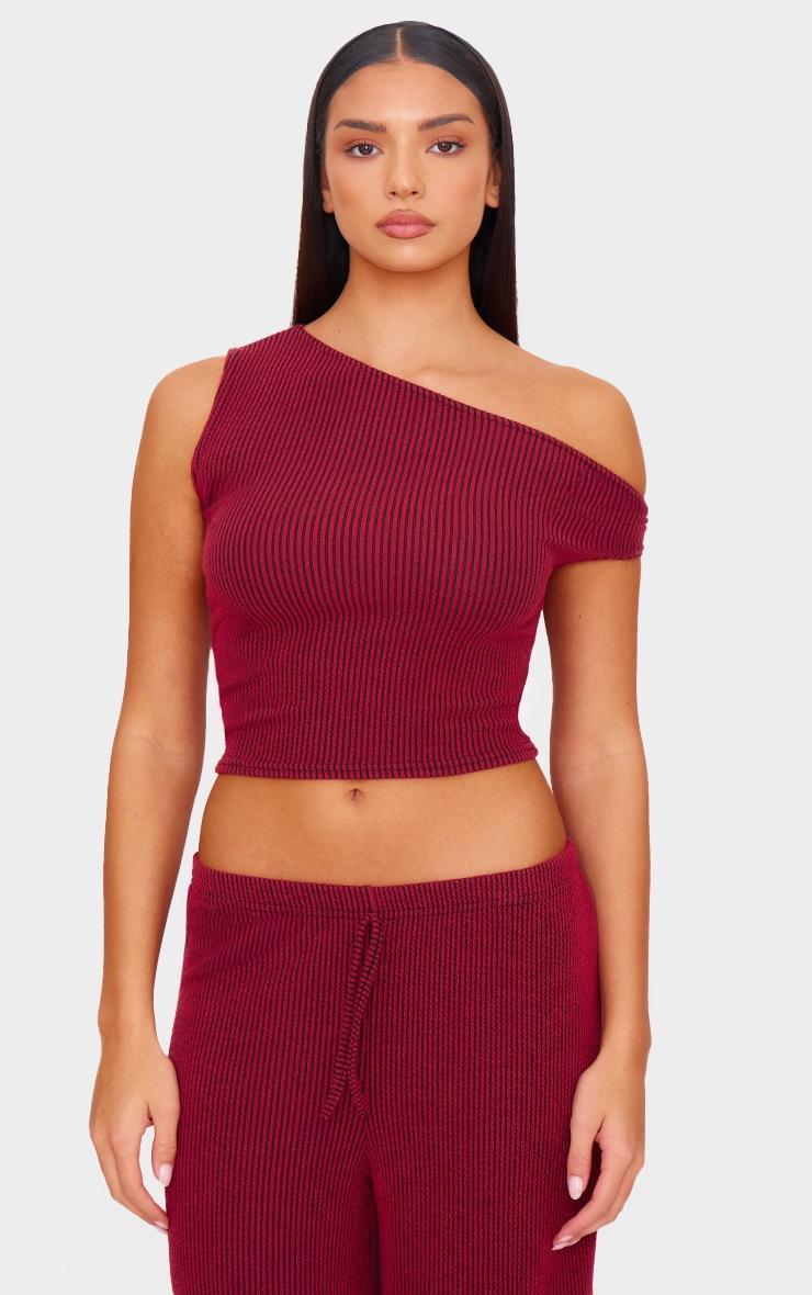 Burgundy Two Tone Crinkle Rib Off Shoulder Top Product Image