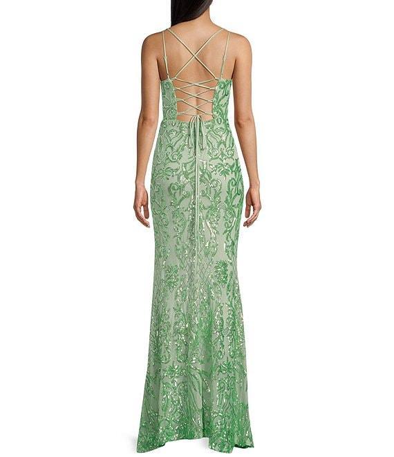 B. Darlin Sequin Mesh Pattern Double Spaghetti Strap V-Neck Lace-Up Back A-Line Dress Product Image