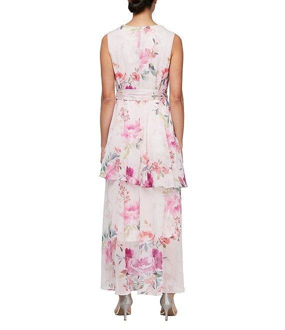 Ignite Evenings Surplice Neck Sleeveless Tiered Skirt Tie Tash Belt High Low Hemline Chiffon Maxi Dress Product Image