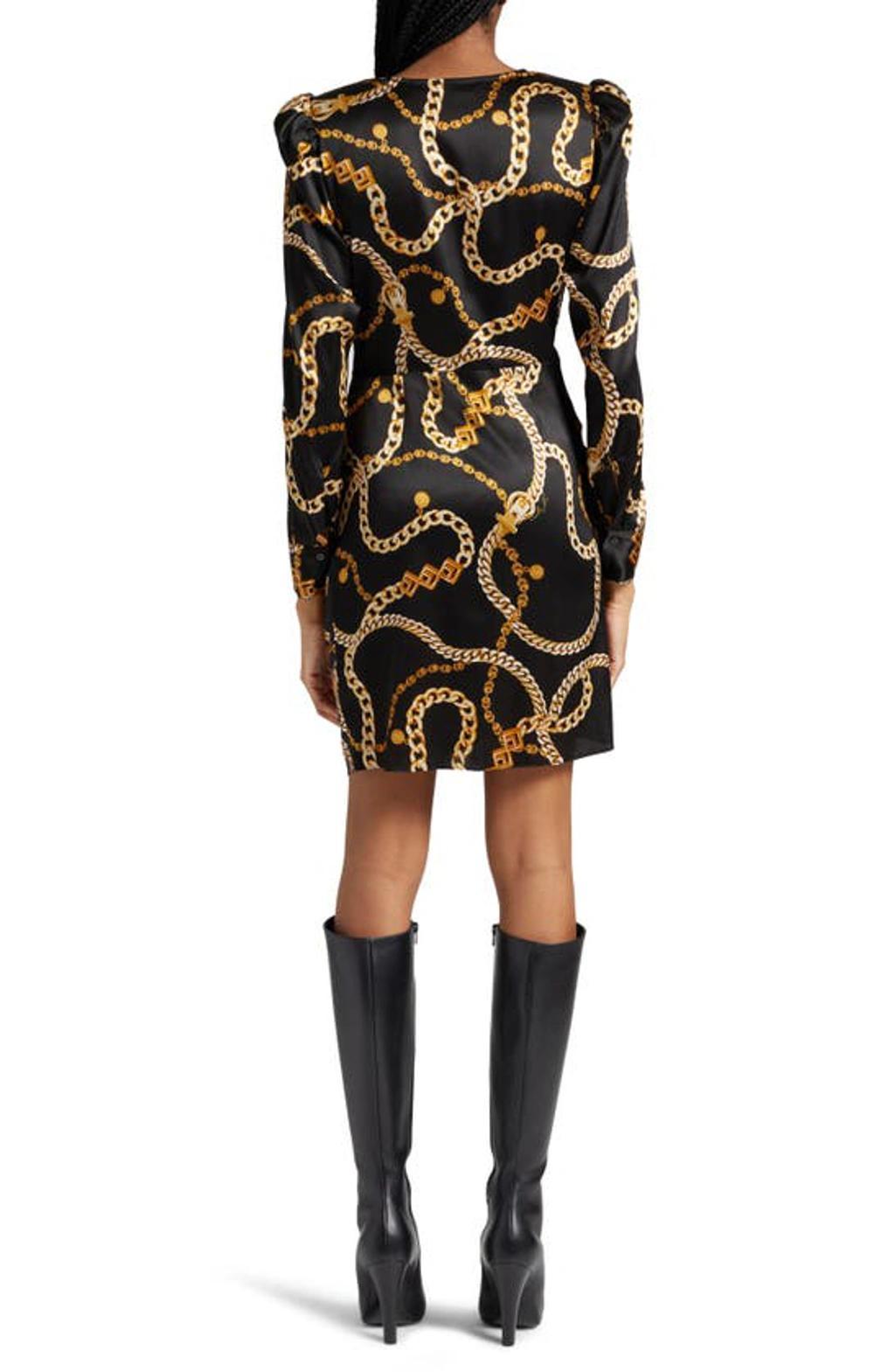 Clarice Chain Print Long Sleeve Stretch Silk Dress In Black Gold Classic Chain Product Image