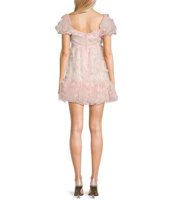 B. Darlin 3D Floral V-Neck Short Puff-Sleeve Bow Front Ruffle Dress Product Image