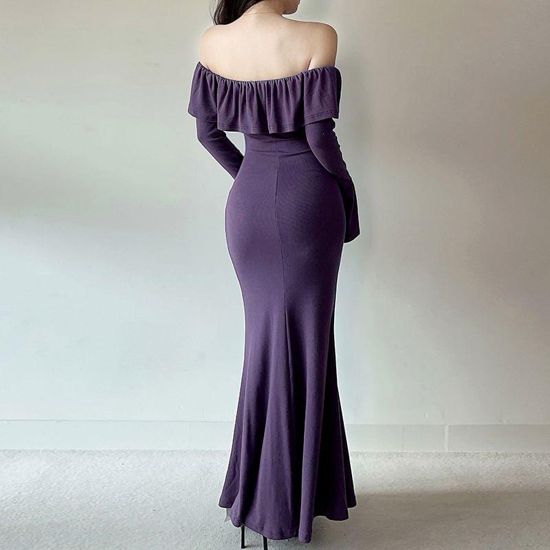 Long-Sleeve Off-Shoulder Plain Ruffle Trim Maxi Sheath Dress Product Image