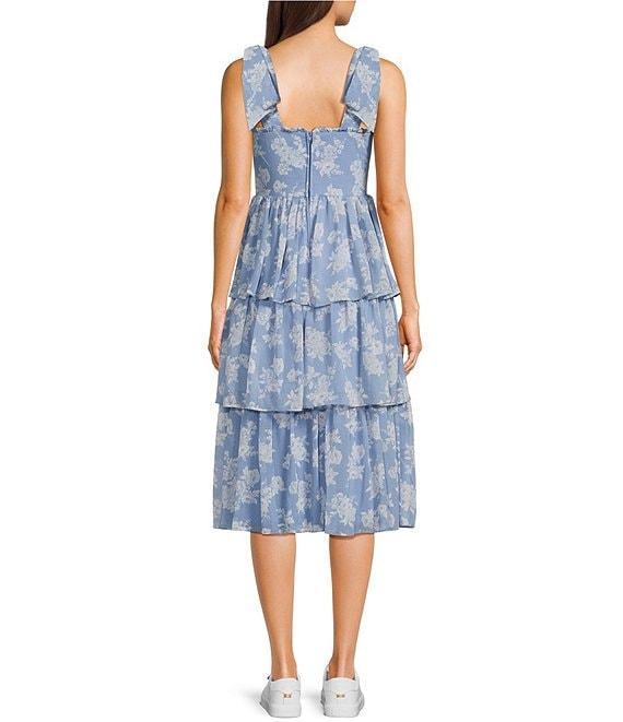 B. Darlin Floral Printed Sweetheart Neck Tie Shoulder Tiered Midi Dress Product Image