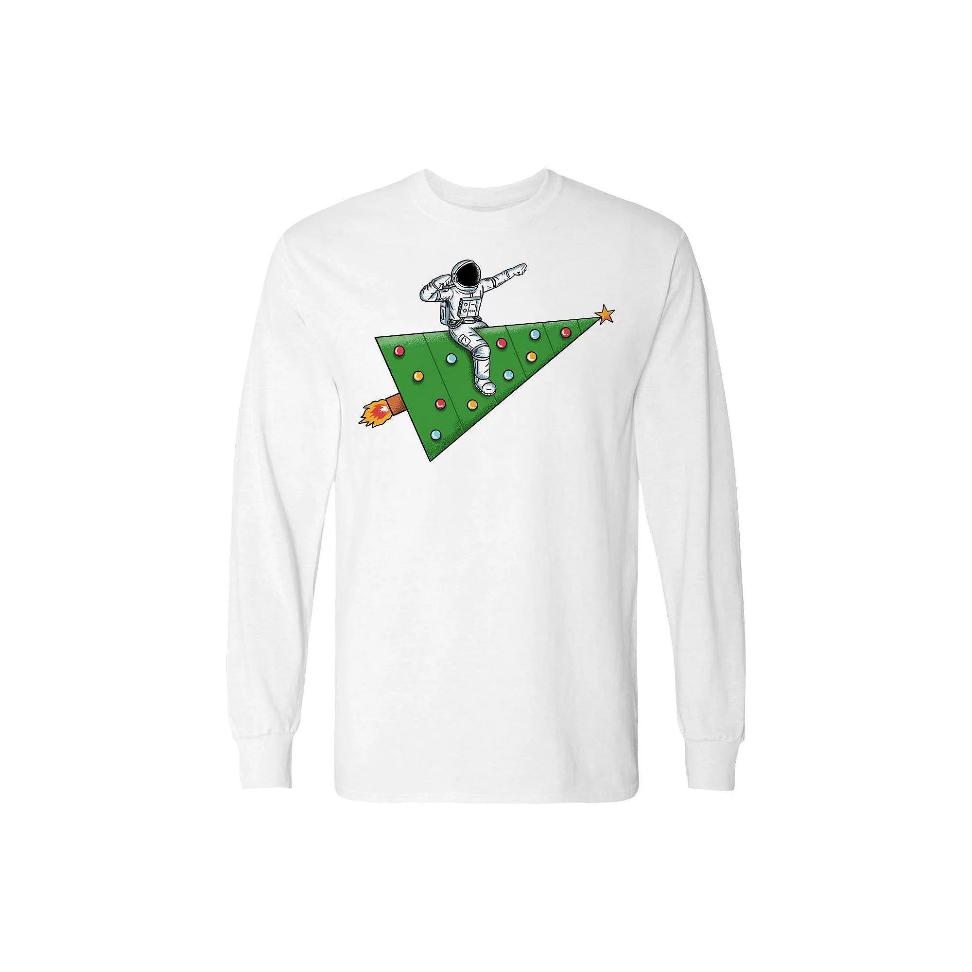 Men's Space Rocket Christmas Long Sleeve Graphic Tee, Size: Small, White Product Image
