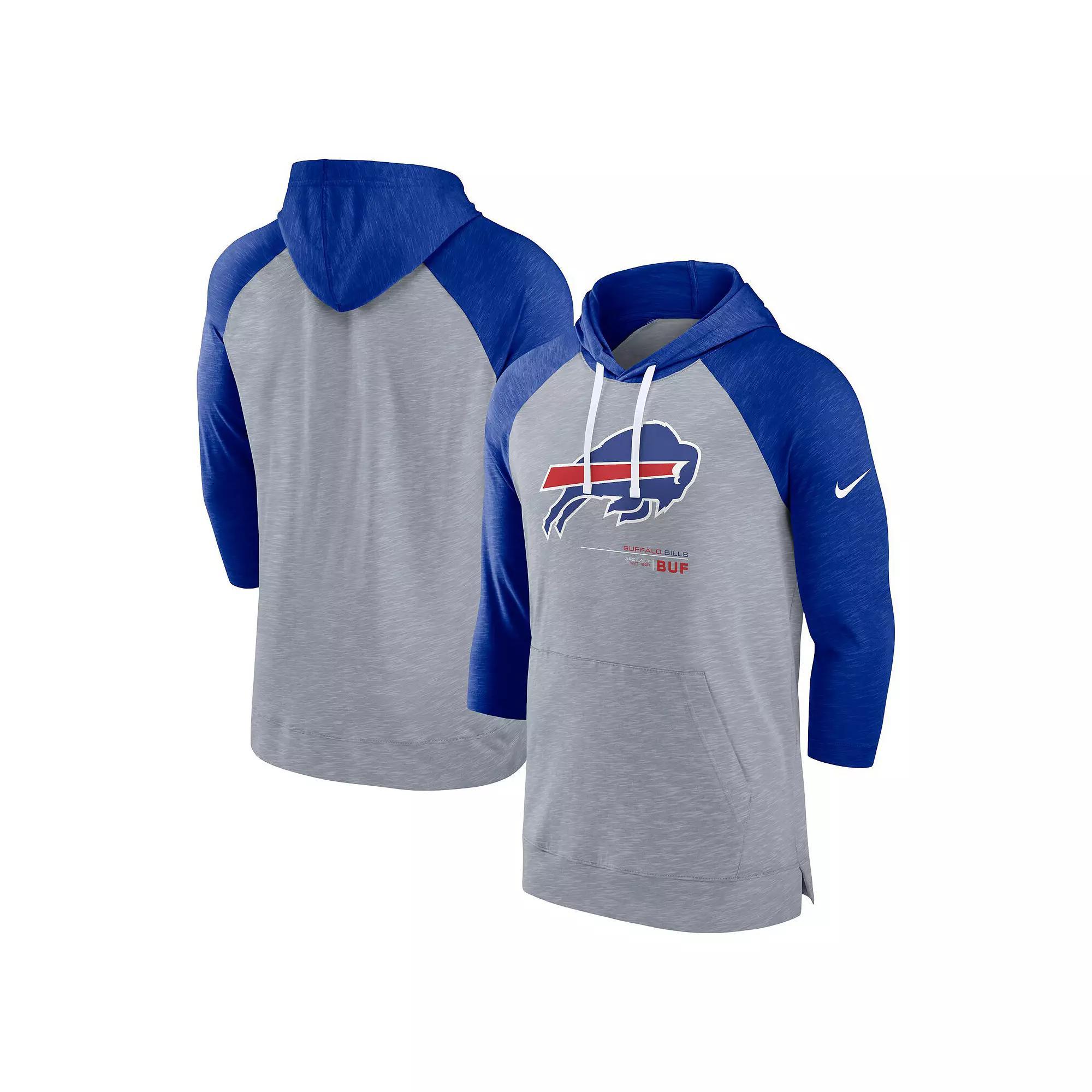 Men's Nike Heather Gray/Heather Royal Buffalo Bills Raglan 3/4-Sleeve Pullover Hoodie, Size: 3XL, Grey Product Image