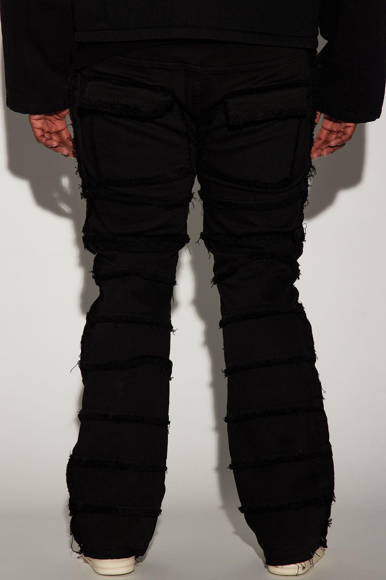 Square Pockets Fray Stacked Skinny Flare Pants - Black Product Image
