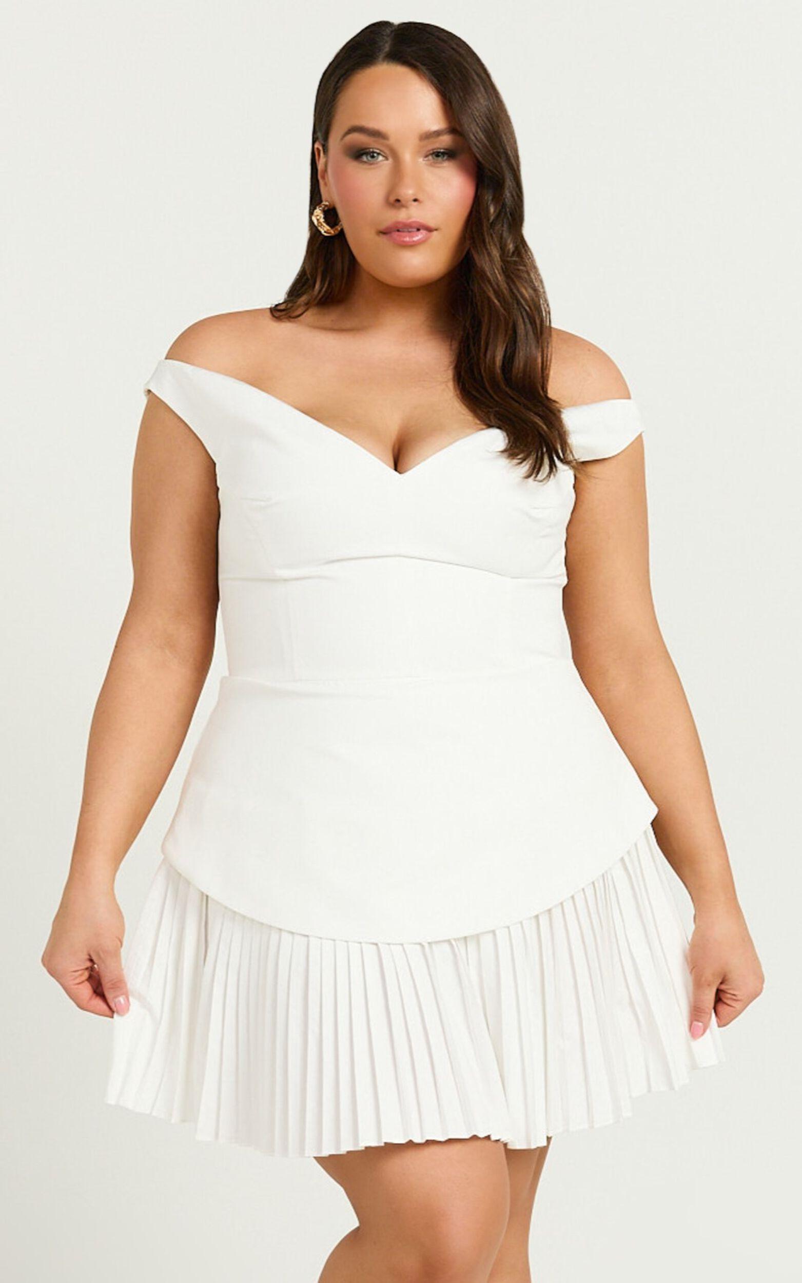 Izara Mini Dress - Off Shoulder Pleated Dress in Off White Product Image