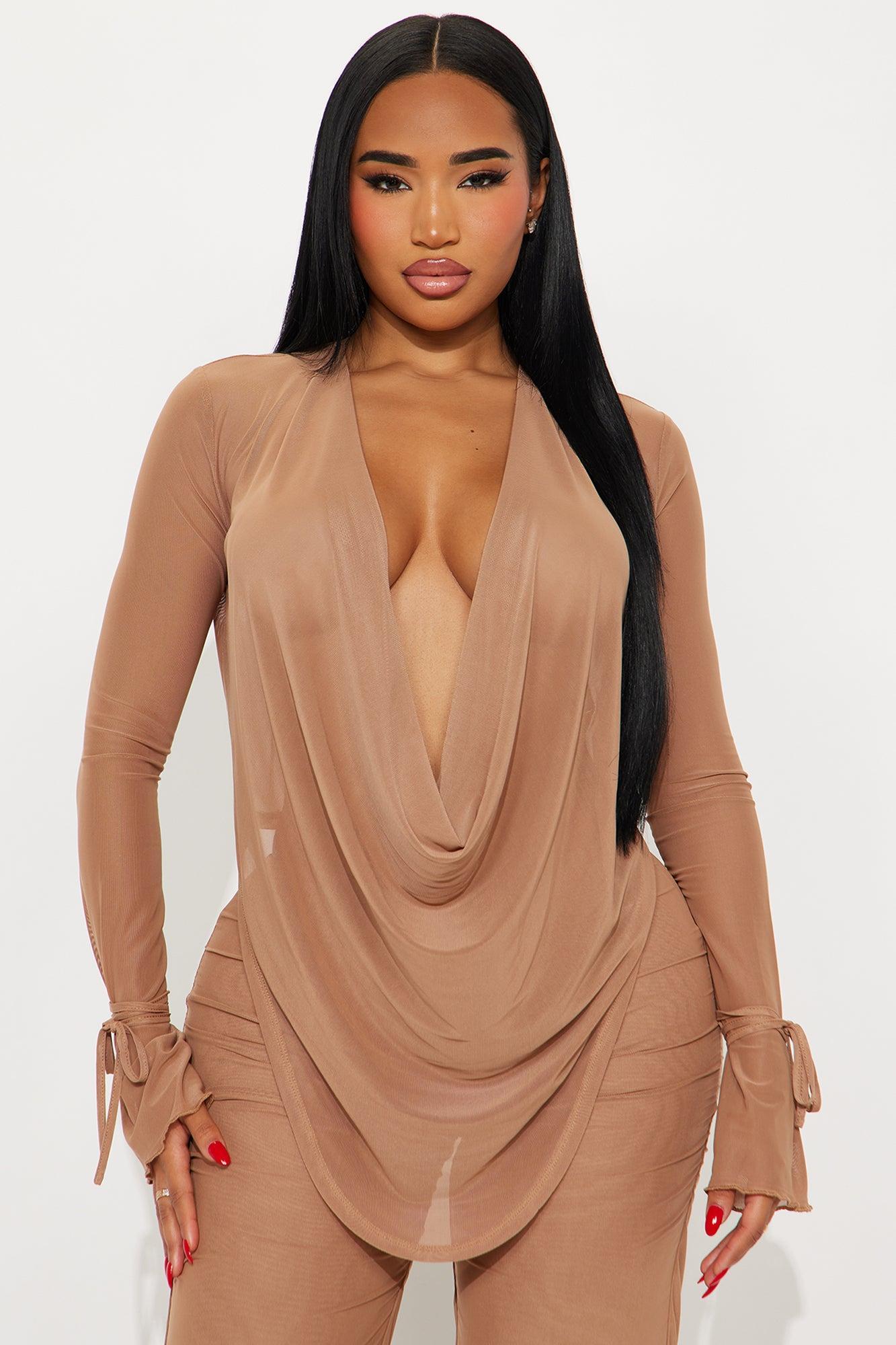 Silent Muse Cowl Neck Mesh Pant Set - Mocha Product Image