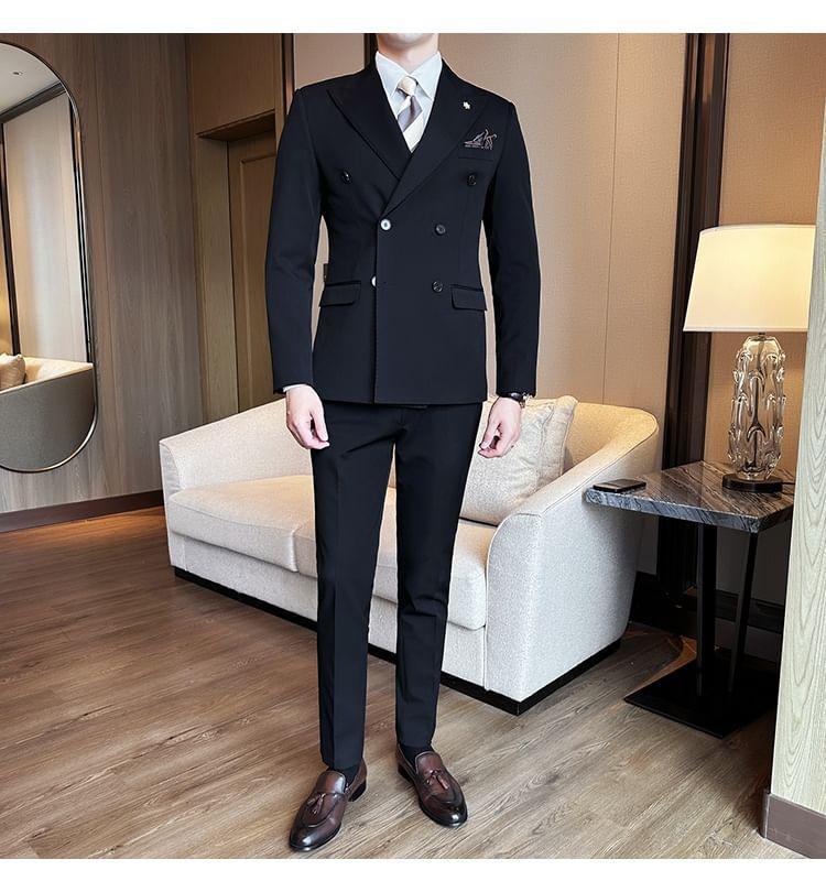 Set: Plain Double-Breasted Blazer + Dress Pants Product Image