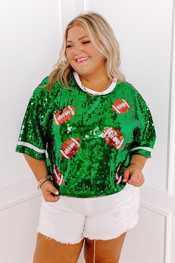 Kickoff Season Sequin Top in Green Curves Product Image