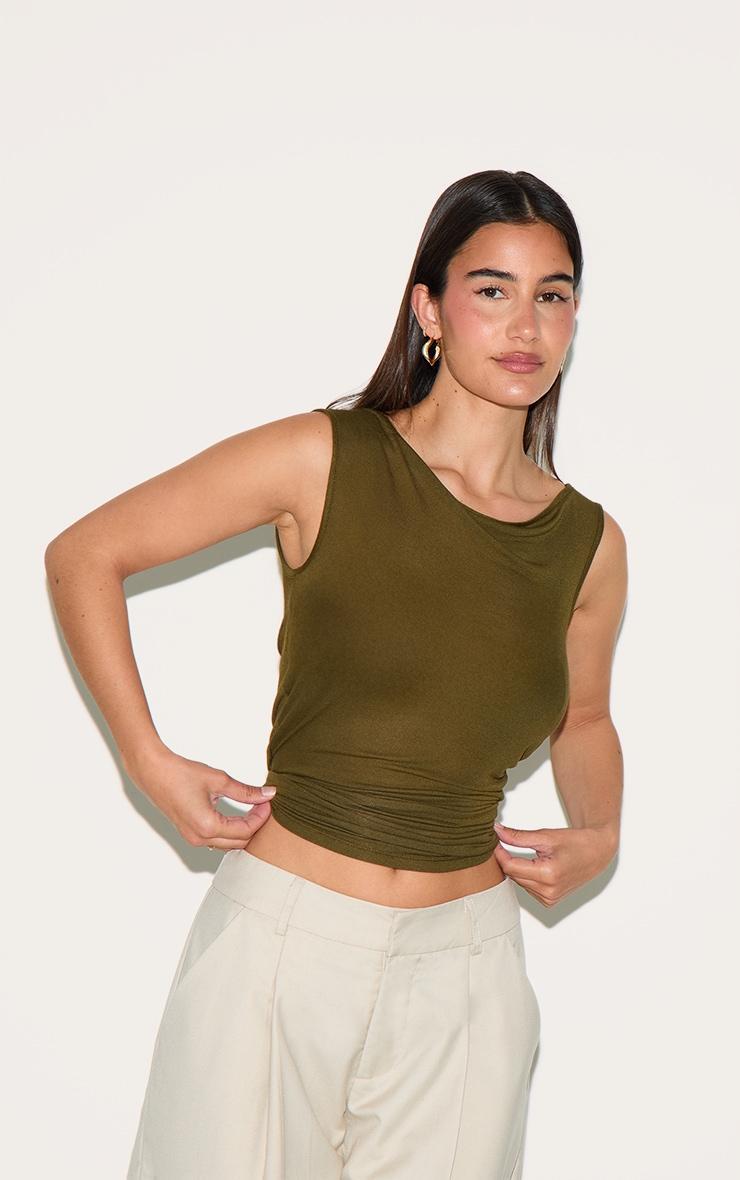  Olive Sheer Soft Touch Cowl Neck Long Vest Top Product Image