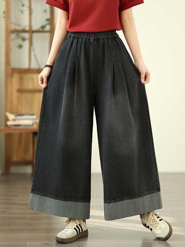 Loose Wide Leg Elasticity Pleated Pockets Jean Pants Bottoms Trousers Product Image