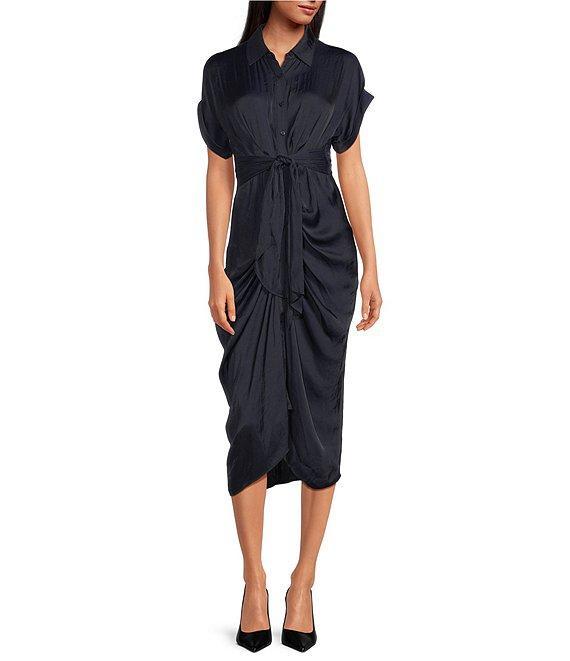 Steve Madden Tori Satin Point Collar Short Kimono Cuff Sleeve Belted Ruched Front Asymmetrical Hem Midi Shirt Dress Product Image