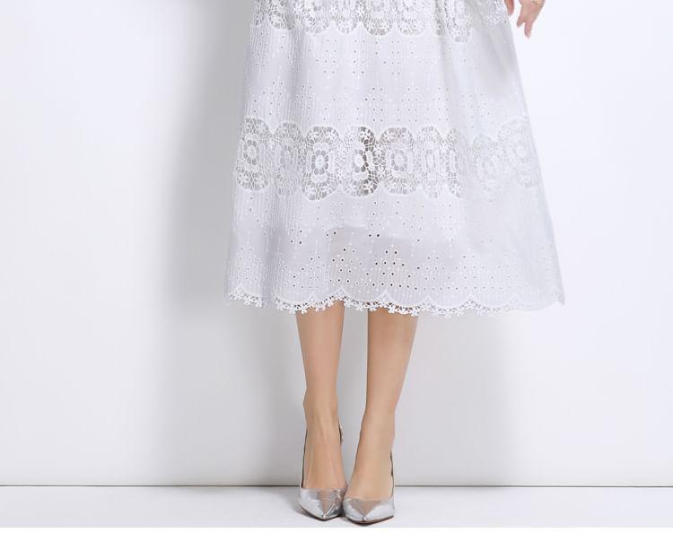 Set: Long Sleeve Stand Collar Plain Button Panel Lace Midi A-Line Dress + Belt Product Image