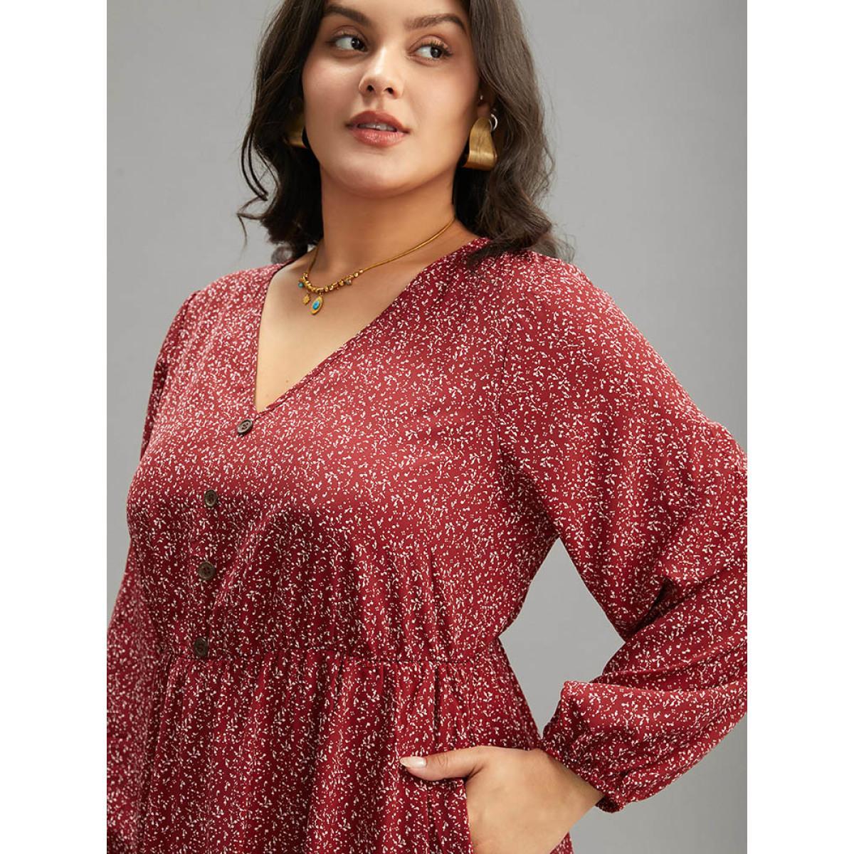 Plus Size Ditsy Floral V Neck Lantern Sleeve Ruffle Layered Hem Dress Scarlet Women Elegant Elastic cuffs V-neck Long Sleeve Curvy Midi Dress BloomChic 10/M Product Image