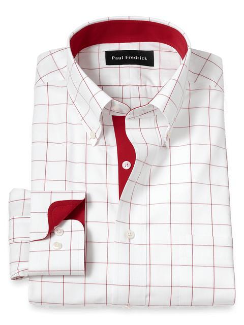 Non-Iron Cotton Windowpane Dress Shirt With Contrast Trim - Red Product Image