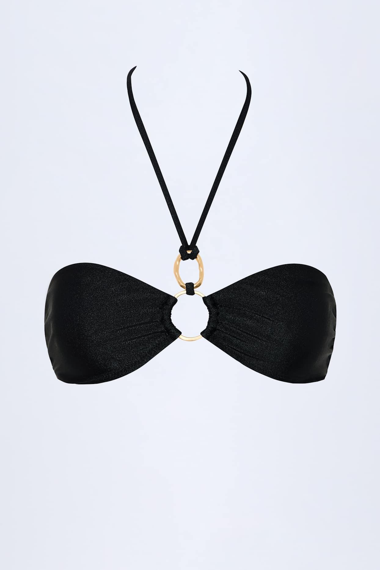 Hardware-Detail Ruched Halterneck Bikini Top in Black Product Image