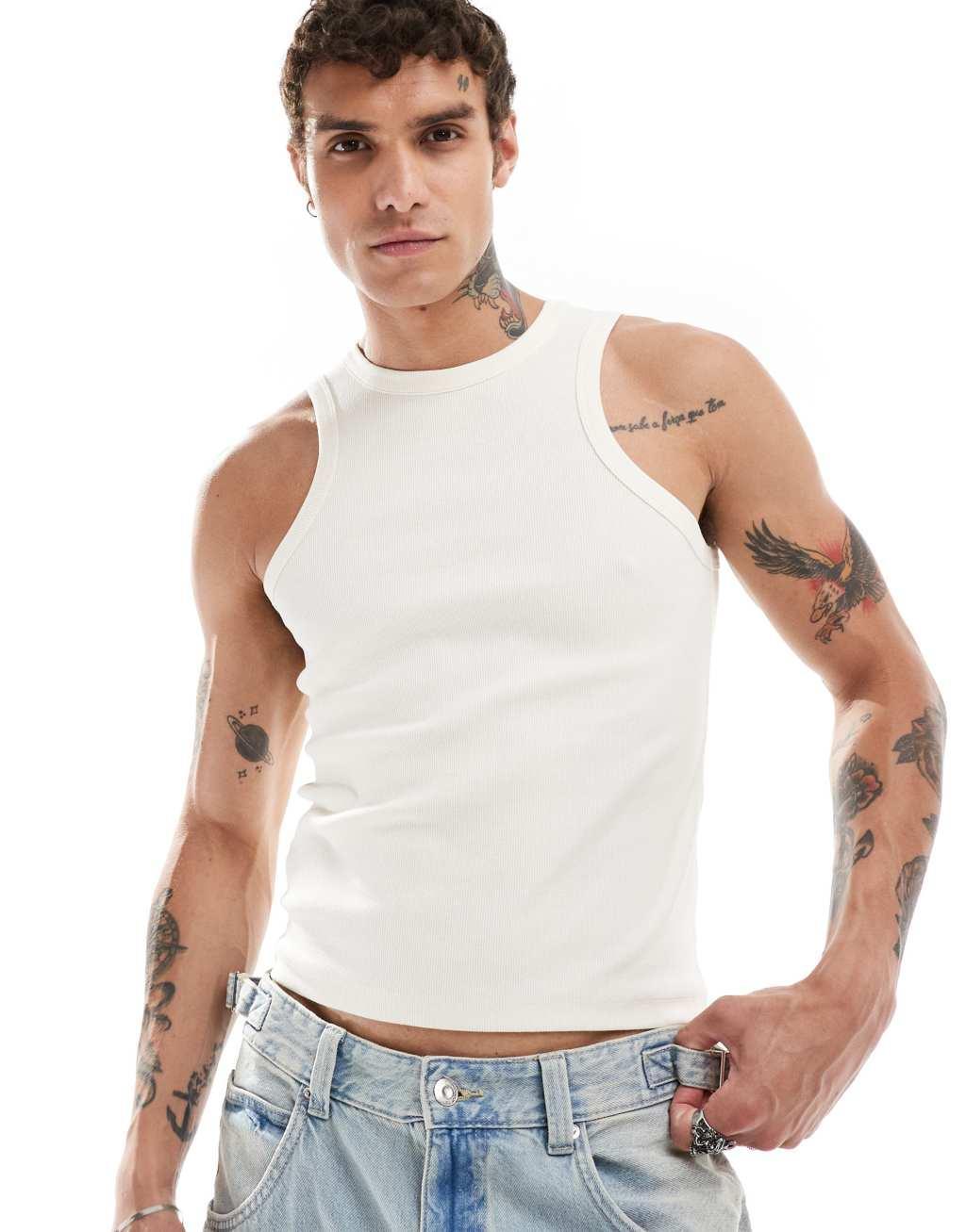 ASOS DESIGN ribbed tank top with NYC back print in off white Product Image