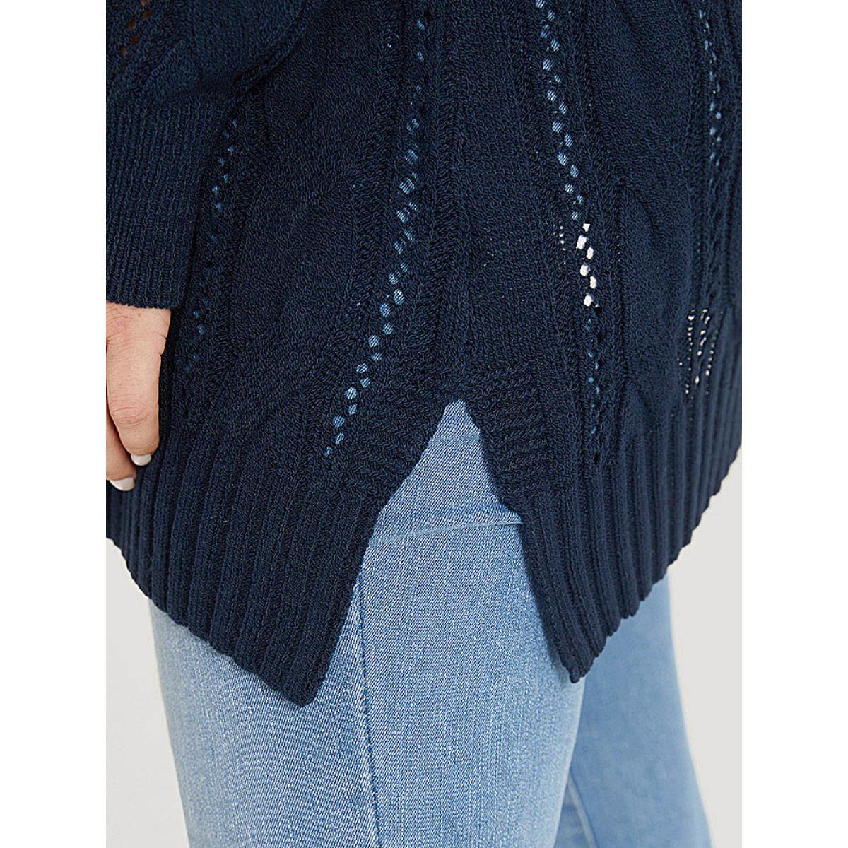 Plus Size Plain Button Up Cable Knit Split Side Cardigan Indigo Women Casual Loose Long Sleeve Everyday Cardigans BloomChic 14-16/1X Product Image