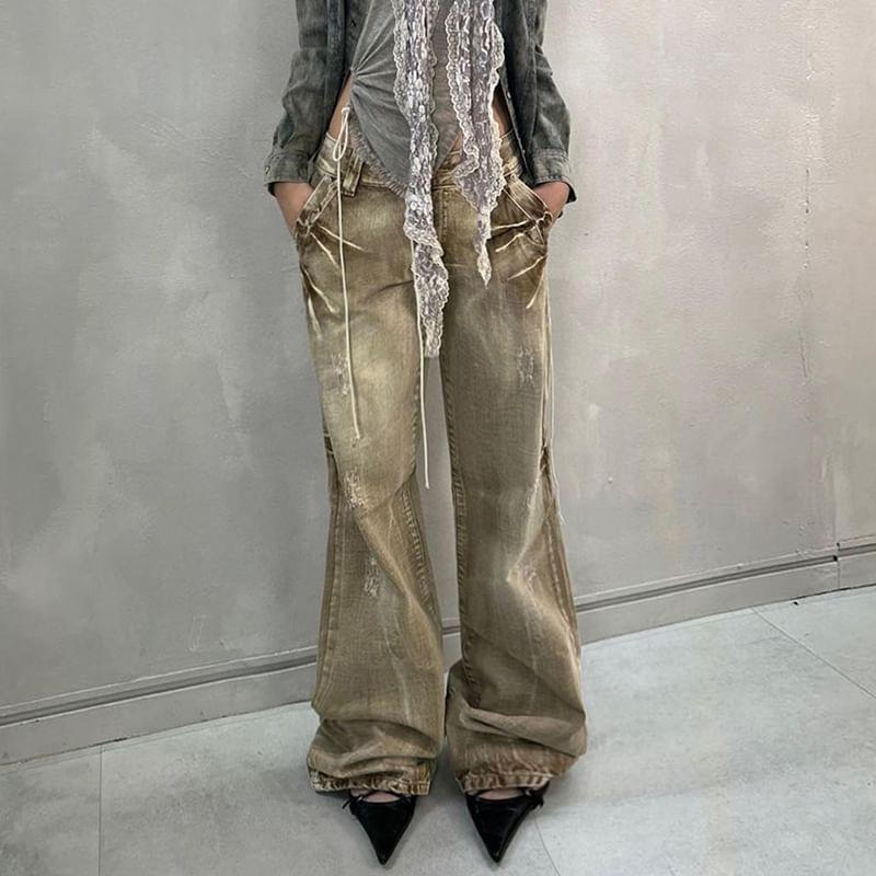 Low Rise Washed Distressed Flared Jeans Product Image