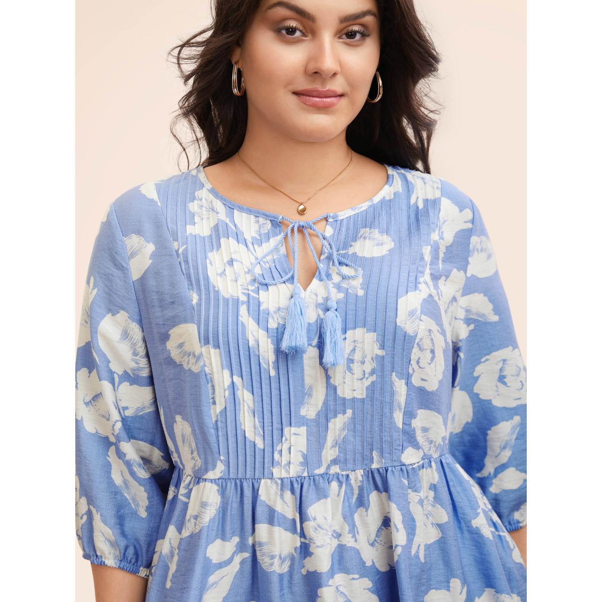 Plus Size LightBlue Floral Pleated Tassel Trim Lantern Sleeve Blouse Women Elegant Elbow-length sleeve V-neck Everyday Blouses BloomChic 18-20/2X Product Image