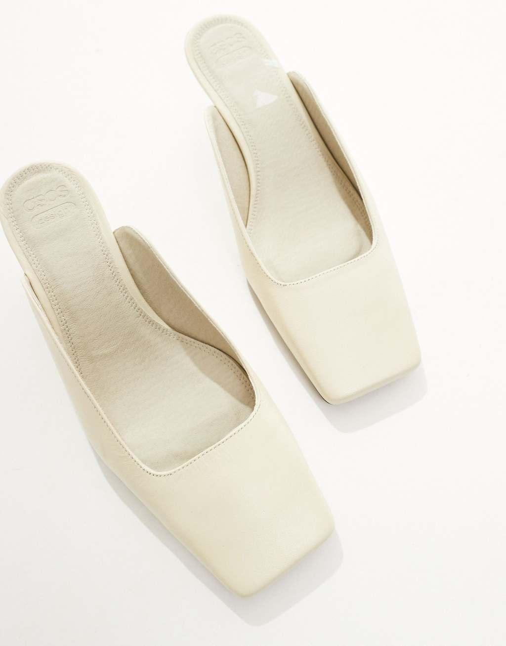 ASOS DESIGN Santiago premium leather squared toe mules in off-white Product Image