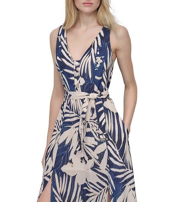 DKNY by Donna Karan Floral Print V-Neck A-Line Midi Dress Product Image