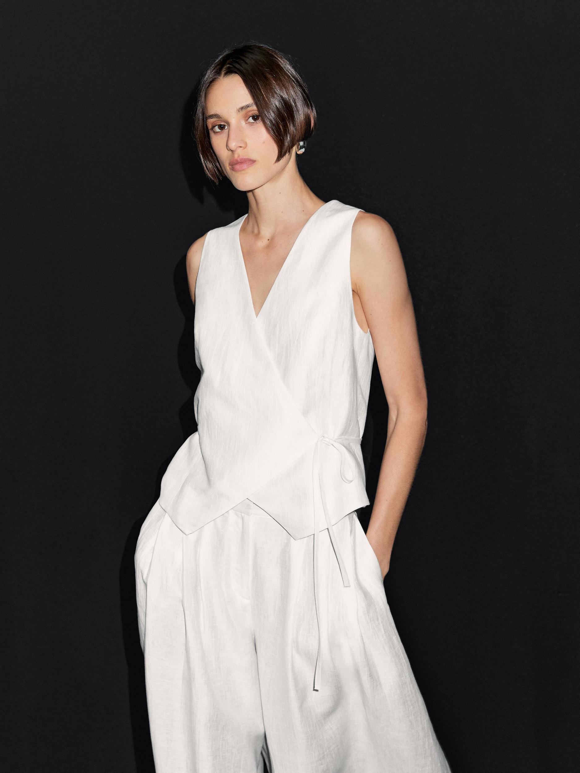 Linen blend waistcoat with tie detail Product Image