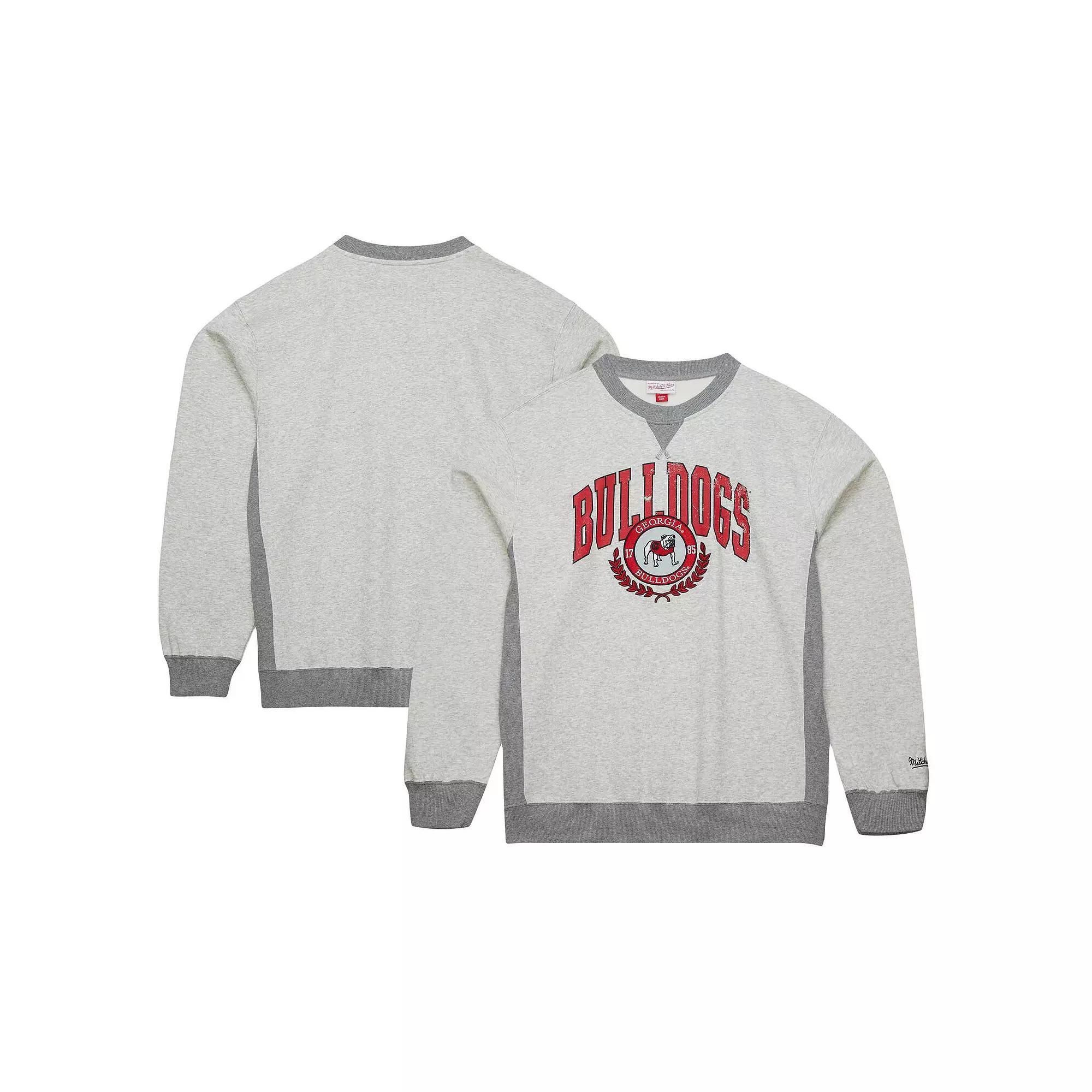 Men's Mitchell & Ness Heather Gray Georgia Bulldogs Arched Fleece Crewneck Pullover Sweatshirt, Size: XL, Grey Product Image