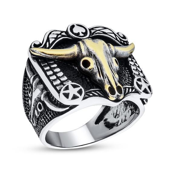 Men's Oxidized Bull Skull Western-Style Ring in Sterling Silver and Brass Product Image