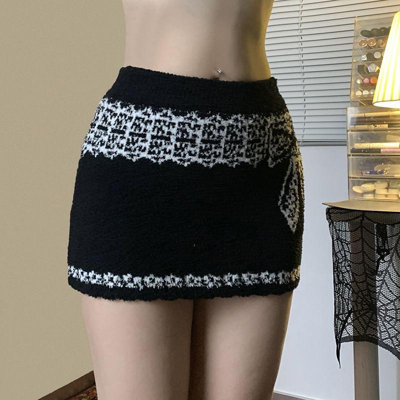 Low Waist Bow Print Knitted Mini Pencil Skirt Product Image