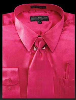 Satin Dress Shirt Convertible Cuff Regular Fit in Fuchsia With Tie And Pocket Square Product Image