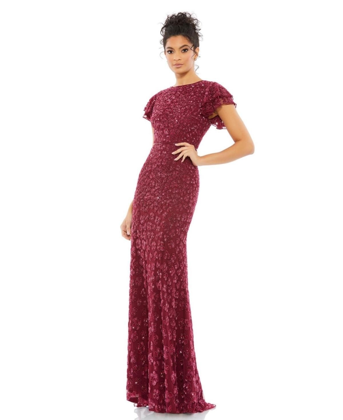 Mac Duggal Beaded Short Flutter Sleeve Crew Neck Sheath Gown Product Image